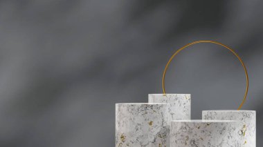 Beyaz mermer silindir podyumun şablon modellemesi peyzaj altın yüzük ve gri duvar 3B görüntü oluşturma