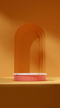 Sarı geometrik duvarlı portrede mermer ve pembe podyumun 3B görüntü modelleme şablonu