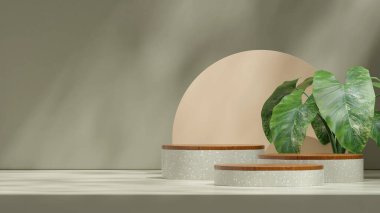 Alocasia ev bitkisiyle birlikte yeşil terrazzo desenli podyum, 3D modelleme şablonu