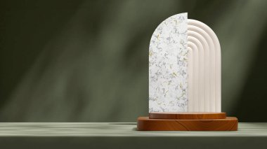 Mermer kemer ve yeşil duvarın peyzaj düzeni, ahşap doku podyumunun 3 boyutlu modelleme şablonu