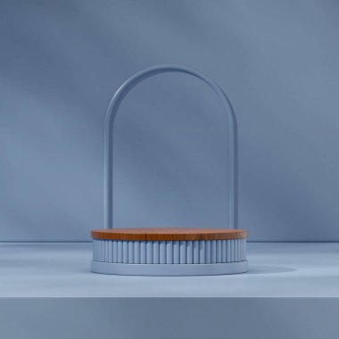 3 boyutlu boş tahta silindir podyumu mavi kemerli ve duvarlı kare şeklinde görüntüle