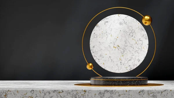 stock image Black marble cylinder podium in landscape with white marble circle and gold 3D render mockup scene