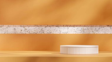 Mermer ve sarı arka plan duvarı. 3D. Manzarada boş model beyaz podyum kaidesi.