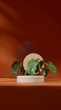 Portre alocasia bitki ve mavi kemerli beyaz silindir podyumunda 3B görüntüyü düzenle