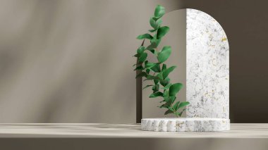 Yeşil yapraklı beyaz sütun mermer podyum ve gri kemer boş sahneyi canlandırıyor