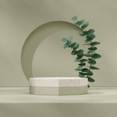 Terrazzo desenli, kare duvar ve okaliptüs yapraklı maket alanı.