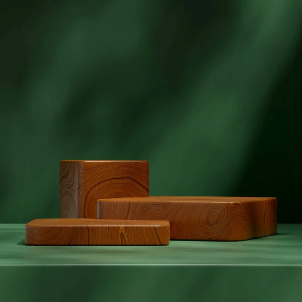 Podium Bloco Madeira Parede Verde Escura Quadrada Modelo Renderização Mockup — Fotografia de Stock