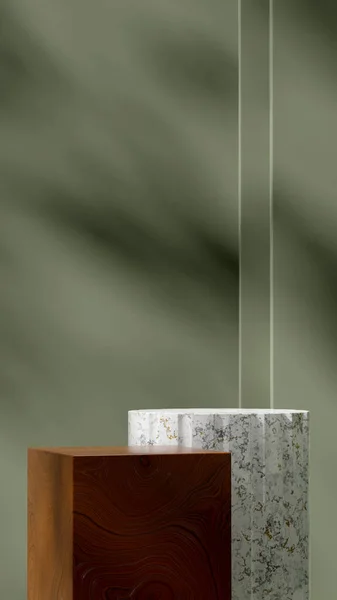 Modelo Mockup Mármore Bloco Madeira Pódio Retrato Verde Sombra Parede — Fotografia de Stock