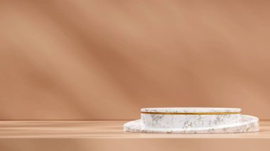 3D modelleme uzay beyaz mermer ve manzara açık kahverengi duvar ve zemin üzerinde altın podyum