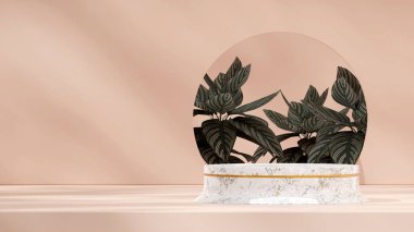 beyaz mermer ve altın podyum, pembemsi çizgili kalathea ve 3D duvar.