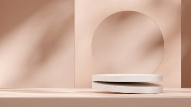 peyzaj açık kahverengi duvar arkaplanındaki beyaz silindir podyum 3B görüntü düzenleme şablonu