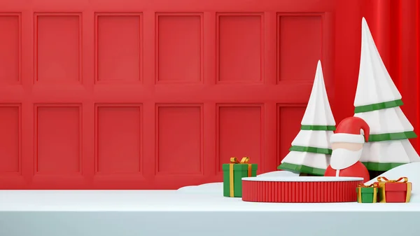 Renderização Branco Mockup Natal Pódio Vermelho Paisagem Figura Santa Caixa — Fotografia de Stock