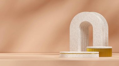 terrazzo ve altın rengi podyum peyzaj kahverengi duvar ve terrazzo kemer 3D canlandırma sahnesi