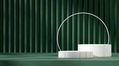 white round cylinder podium in landscape green textured wall and white ring 3D render blank space