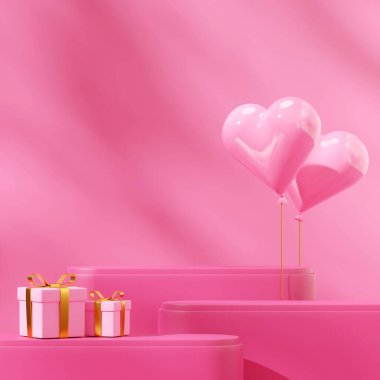 3D canlandırma sahnesi kare şeklinde pembe renkli podyum, kalp şeklinde balon sevgililer günü kartı.
