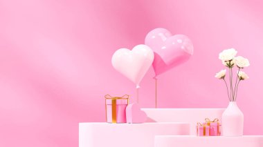 Hediye kutusu, aşk balonu, ve beyaz gül 3D resim boş uzay ışığı pembesi podyumu manzarada
