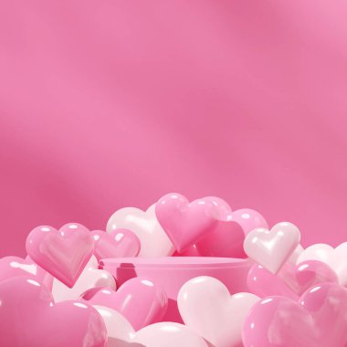 kalp şekilli nesne arkaplan 3d görüntü düzenleme şablonu kare pembe yuvarlak podyum