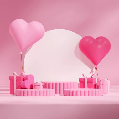 pink baloon, white circle, and gift box 3d render scene template cylinder pink podium in square