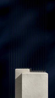 blank space natural ceramic texture podium in portrait dark blue wall and glass 3d render