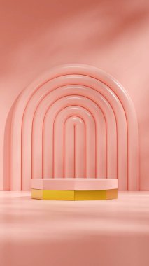 scene mockup gold and pink octagonal podium in portrait pink arch and wall 3d render image