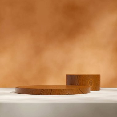 blank mockup brown round wood podium in square orange wall and white floor 3d image render