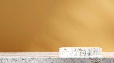 Koyu sarı duvar 3D görüntüleme şablonu beyaz mermer sütun şekilli manzara podyumu