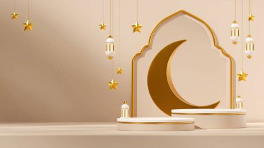 rendering 3d mockup template white and gold podium in landscape lamp, moon, and stars ramadan kareem