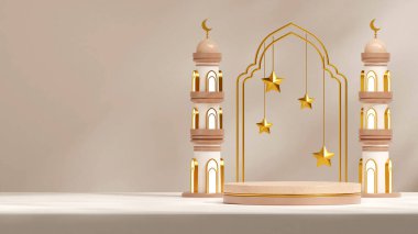 3d render image blank mockup brown and gold podium in landscape stars and mosque tower ramadan month