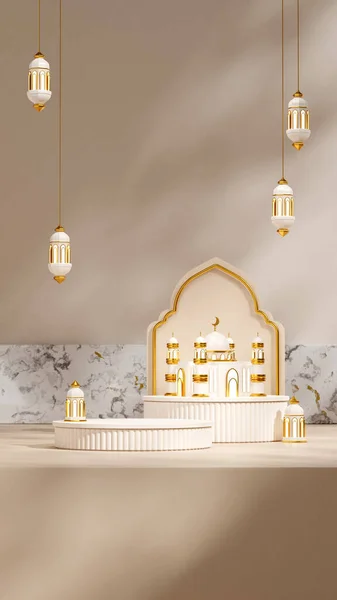 Empty Mockup White Cylinder Podium Portrait Mosque Lamp Ramadan Kareem — Stock fotografie