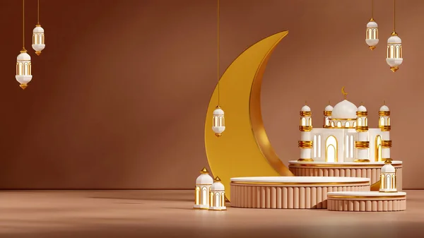 blank mockup white brown podium in landscape arabian lamp and mosque ramadan kareem, 3d image render