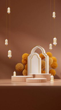 3d image render empty space white brown podium in portrait arabian lamp and mimosa flower ramadan
