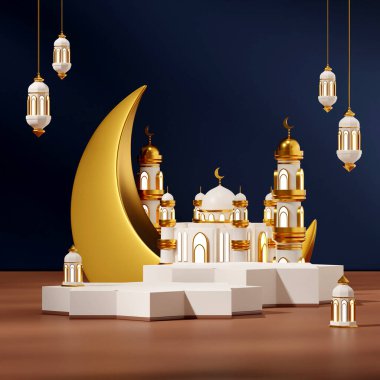 template mockup white podium ramadan kareem in square moon, lamp, and mosque, 3d image render