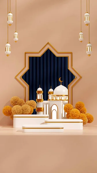 Mešita Lampa Mimosa Květiny Ramadán Kareem Vykreslování Prázdný Prostor Bílé — Stock fotografie