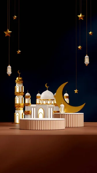 blank mockup white brown podium in portrait moon, stars, lamp, and mosque ramadan, 3d render image