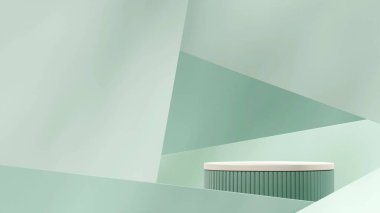 peyzaj açılı arkaplan duvarlı beyaz ve yeşil podyum, 3D görüntüleme şablonu modelleme