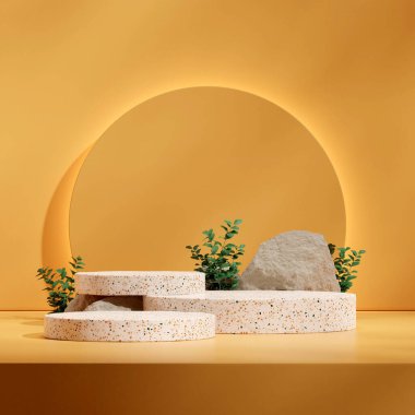 arka plan sarı daire, 3d şablon modelleme silindiri terrazzo podyumu kare şeklinde