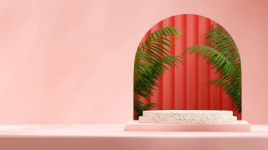 peyzaj yeşili palmiye kapısının pembe renginde, 3D görüntüyü boş görüntüle silindir silindirli terrazzo podyumu