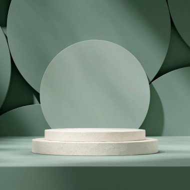 3d resim, kare yeşil renk dairesi arka planında boş uzay seramik desen podyumunu oluşturur