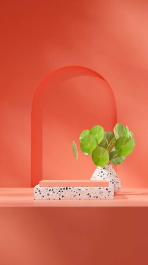 Portakal rengi mercan duvarı ve yeşil bitki, 3D görüntü şablonu terrazzo desen podyumu