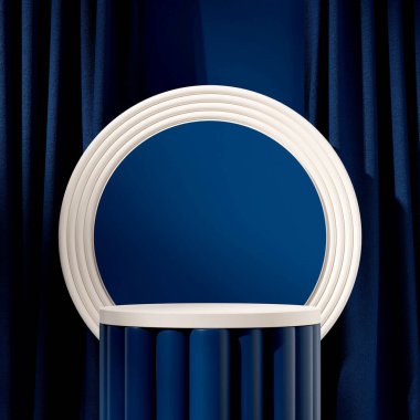 Sahne koyu mavi ve beyaz podyum kare perde ve daire arkaplan, 3D görüntü oluşturma