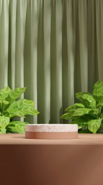 Portre yeşil perde, Çin daimi yeşil, 3 boyutlu boşluk kırmızı terrazzo ve kahverengi podyum.