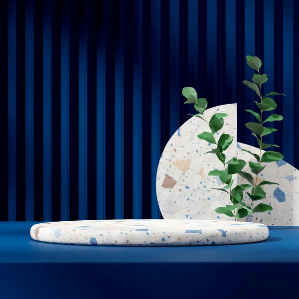 方形绿叶和花纹墙中的蓝色梯形讲台 渲染3D模板模型 — 图库照片