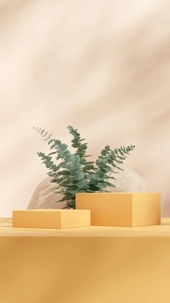 stock image rendering 3d empty space yellow rectangle podium in portrait eucalyptus leaf plant