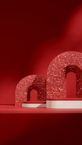 empty scene white and red podium in portrait terrazzo pattern arch background, 3d image render