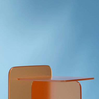 turuncu şeffaf cam podyum kare mavi duvar arkaplanı, 3D görüntü görüntüleme şablonu