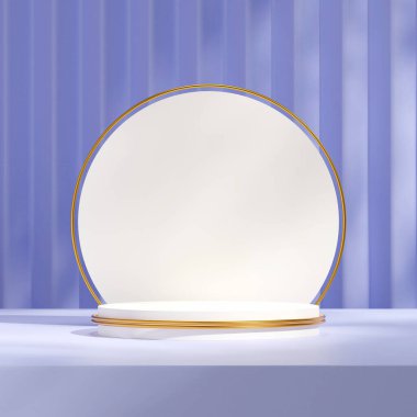 3D resim, kare açık mor duvar arka planında boş model beyaz ve altın podyumu oluşturur