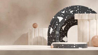 Sahne modeli siyah beyaz silindir podyum peyzaj kahverengi küre ve kemer, 3D görüntü oluşturma