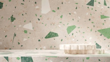 Manzara yeşil terrazzo duvarında, 3D boş model beyaz desenli podyum.