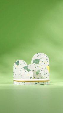 Portre şeklinde yeşil şam fıstıklı terrazzo, 3 boyutlu boş model beyaz ve altın podyum.