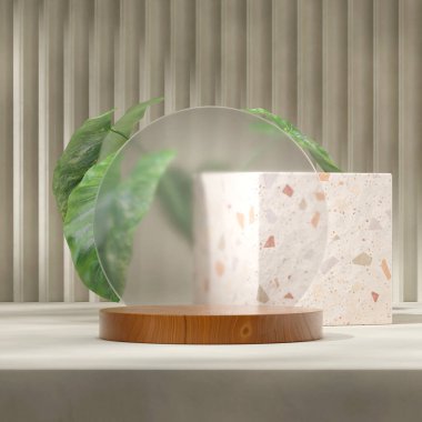 3D model ahşap desenli podyum kare alocasia bitki ve terrazzo küp